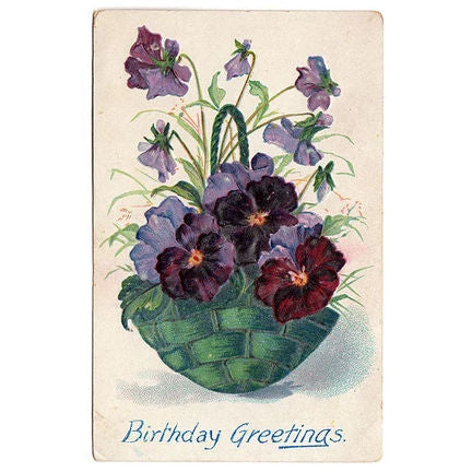 Antique Embossed Birthday Greetings Postcard Green Basket of Purple Pansies - Avid Vintage