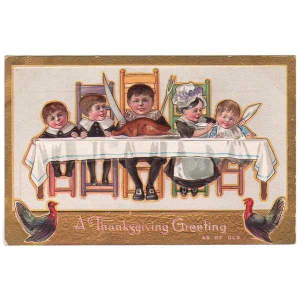 Antique Embossed Thanksgiving Postcard Children Seated at Dinner Table Unused - Avid Vintage