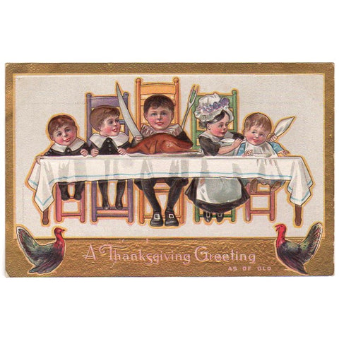 Antique Embossed Thanksgiving Postcard Children Seated at Dinner Table Unused - Avid Vintage