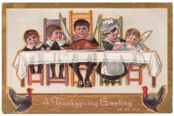 Antique Embossed Thanksgiving Postcard Children Seated at Dinner Table Unused - Avid Vintage