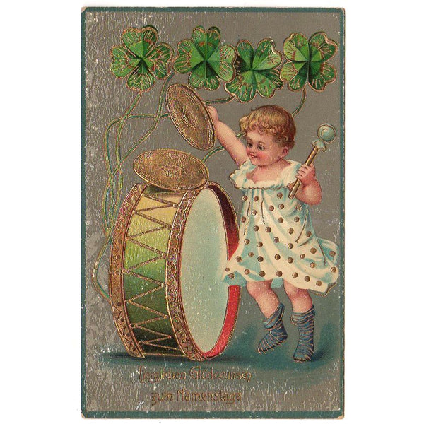 Antique German New Year Postcard Child Beating Drum 4 Leaf Clovers Gold Foil - Avid Vintage
