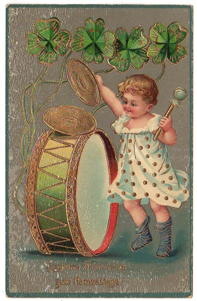 Antique German New Year Postcard Child Beating Drum 4 Leaf Clovers Gold Foil - Avid Vintage
