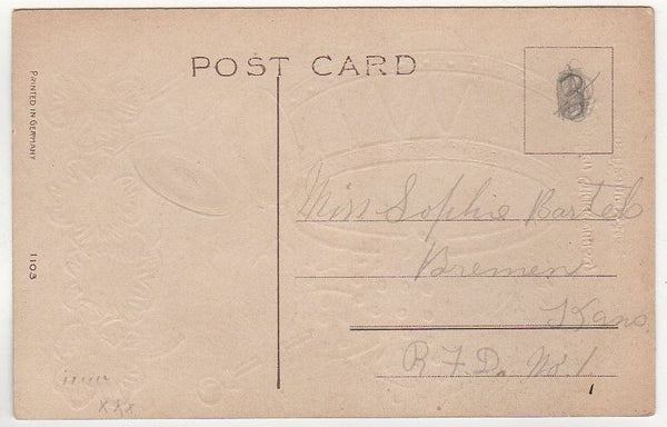 Antique German New Year Postcard Child Beating Drum 4 Leaf Clovers Gold Foil - Avid Vintage