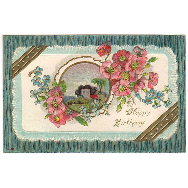 Antique Happy Birthday Postcard Embossed Pink Blue Flowers House Scene - Avid Vintage