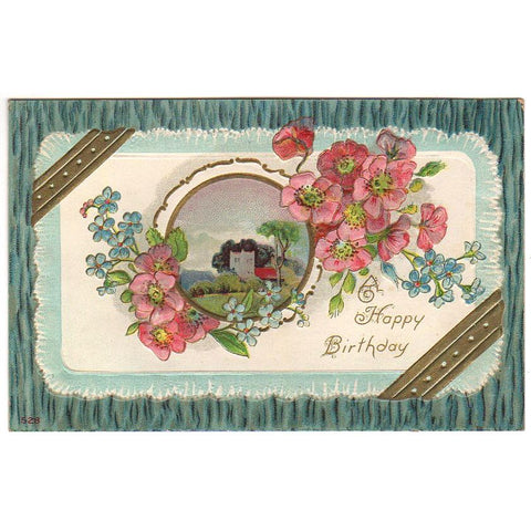 Antique Happy Birthday Postcard Embossed Pink Blue Flowers House Scene - Avid Vintage