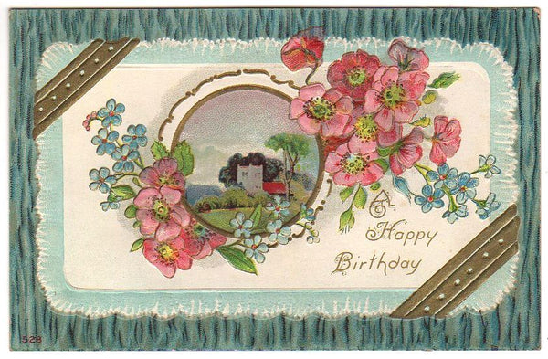 Antique Happy Birthday Postcard Embossed Pink Blue Flowers House Scene - Avid Vintage
