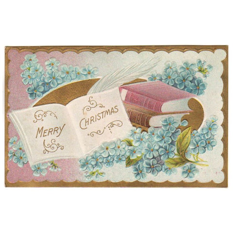 Antique Merry Christmas Postcard Stack of Books One Open - Avid Vintage