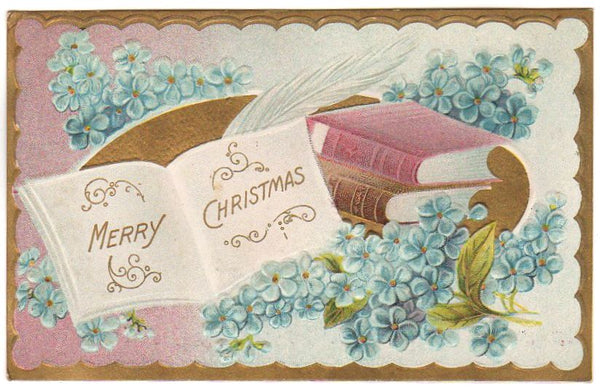 Antique Merry Christmas Postcard Stack of Books One Open - Avid Vintage