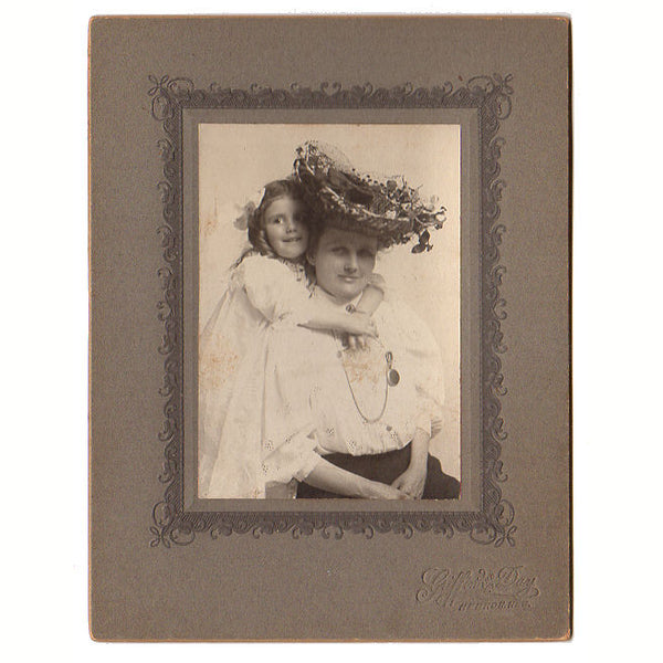 Antique Photograph Mother and Daughter Large Fancy Hat Pocket Watch Hebron Nebraska - Avid Vintage