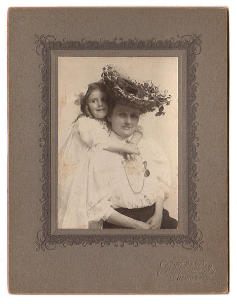 Antique Photograph Mother and Daughter Large Fancy Hat Pocket Watch Hebron Nebraska - Avid Vintage
