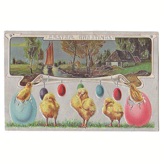 Antique Embossed Easter Postcard Egg Ornaments Country House Scene - Avid Vintage