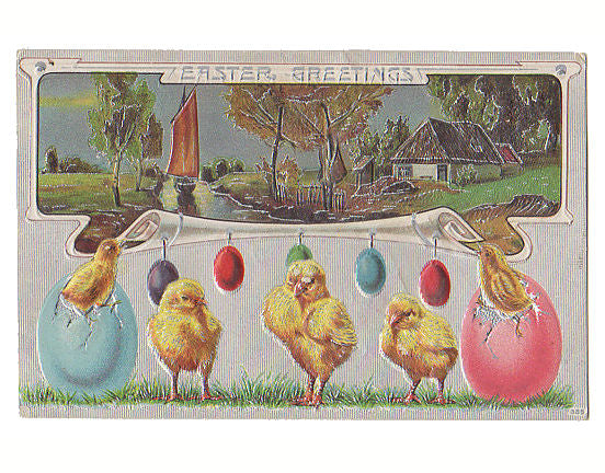 Antique Embossed Easter Postcard Egg Ornaments Country House Scene - Avid Vintage