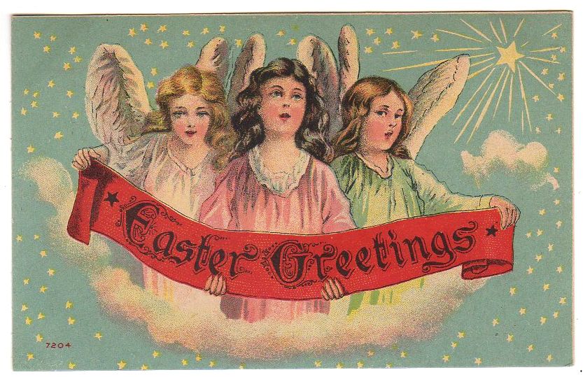 Antique Postcard Easter Greetings Three Beautiful Angels Stars - Avid Vintage