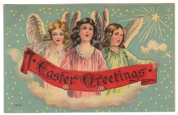Antique Postcard Easter Greetings Three Beautiful Angels Stars - Avid Vintage