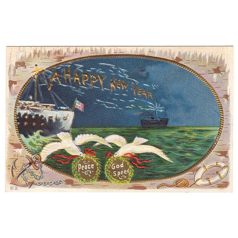 Antique New Year Postcard Patriotic Ship with American Flag Anchor Doves - Avid Vintage
