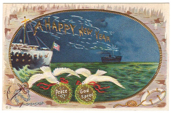 Antique New Year Postcard Patriotic Ship with American Flag Anchor Doves - Avid Vintage