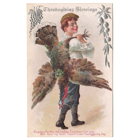 Antique Thanksgiving Day Postcard Boy Carrying Turkey Over Shoulder Unused - Avid Vintage