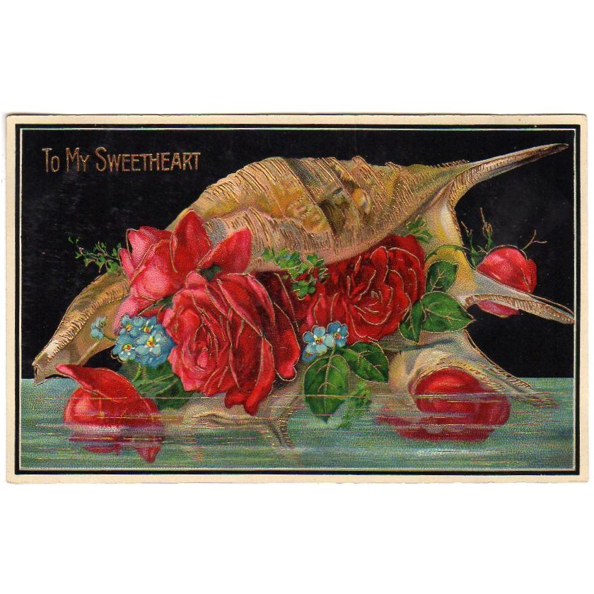 Antique Valentine Postcard Gold Foil Seashell Red Roses in Water Samson Brothers - Avid Vintage