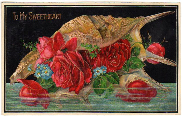 Antique Valentine Postcard Gold Foil Seashell Red Roses in Water Samson Brothers - Avid Vintage