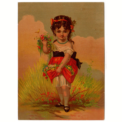 Antique Victorian Lithograph Print Girl Gathering Flowers in Her Dress - Avid Vintage