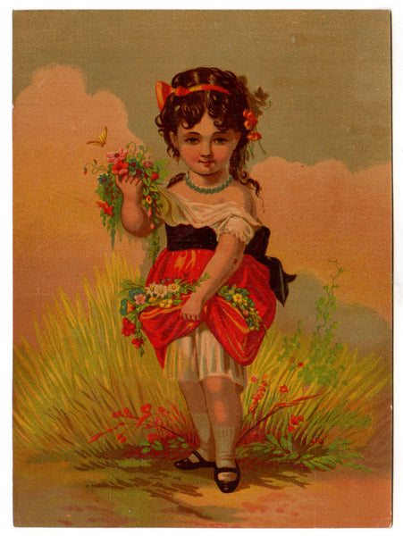 Antique Victorian Lithograph Print Girl Gathering Flowers in Her Dress - Avid Vintage