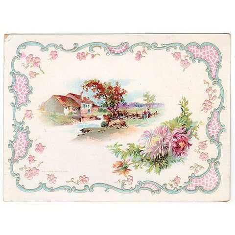 Antique Victorian Reward of Merit Card Gibson Art Co House Scene Floral - Avid Vintage