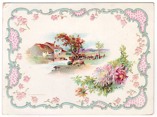 Antique Victorian Reward of Merit Card Gibson Art Co House Scene Floral - Avid Vintage