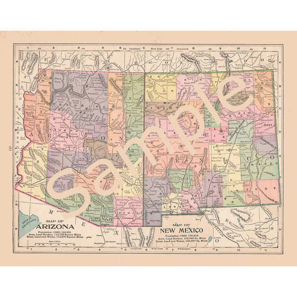 Antique 1900 Printable Color Map of Arizona New Mexico Instant Download - Avid Vintage