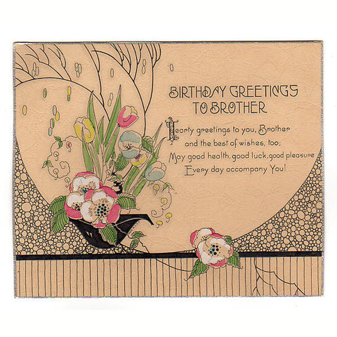 Vintage 1920s Art Deco Birthday Greeting Card Pink To Brother Floral Spray - Avid Vintage