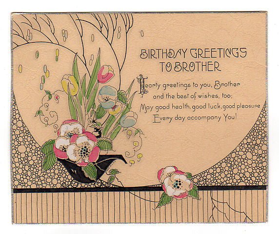 Vintage 1920s Art Deco Birthday Greeting Card Pink To Brother Floral Spray - Avid Vintage