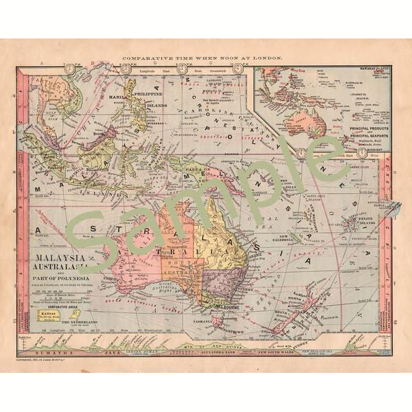 Printable 1880s Antique Color Map of Australia Malaysia and New Zealand Instant Digital Download - Avid Vintage