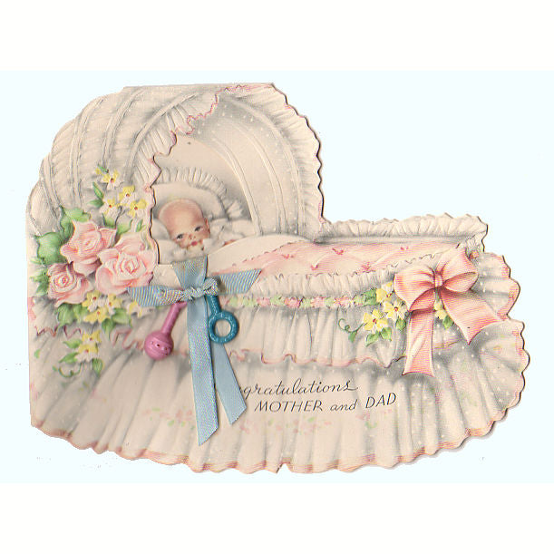 Baby in Bassinet Plastic Rattle Vintage 1940s New Baby Congratulations Greeting Card Used - Avid Vintage