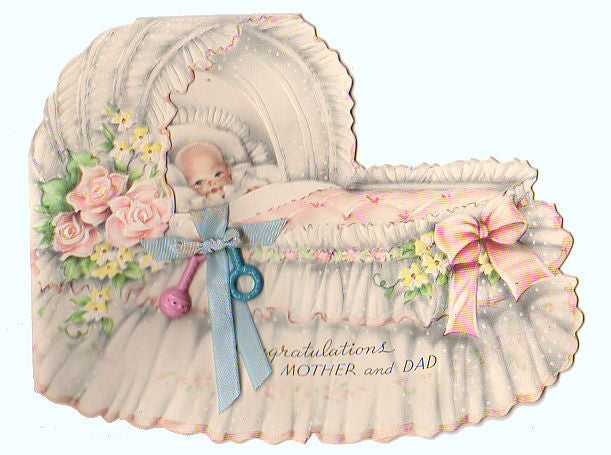 Baby in Bassinet Plastic Rattle Vintage 1940s New Baby Congratulations Greeting Card Used - Avid Vintage