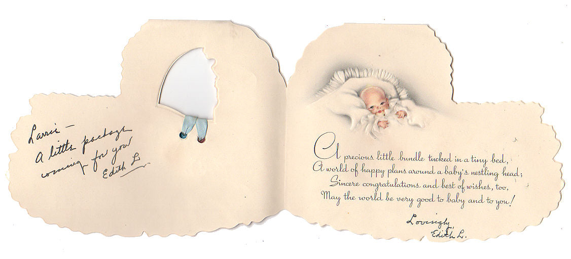 Baby in Bassinet Plastic Rattle Vintage 1940s New Baby Congratulations Greeting Card Used - Avid Vintage