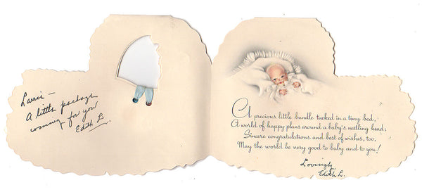Baby in Bassinet Plastic Rattle Vintage 1940s New Baby Congratulations Greeting Card Used - Avid Vintage