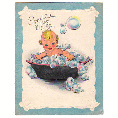 Baby Boy in Bubble Bath Vintage 1940s Congratulations Baby Foil Greeting Card Used - Avid Vintage