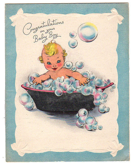 Baby Boy in Bubble Bath Vintage 1940s Congratulations Baby Foil Greeting Card Used - Avid Vintage