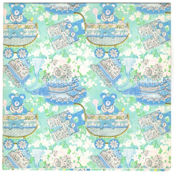 Vintage Baby Shower Wrapping Paper Uncut Sheet Blue Green Pink Bear Rattle Floral - Avid Vintage