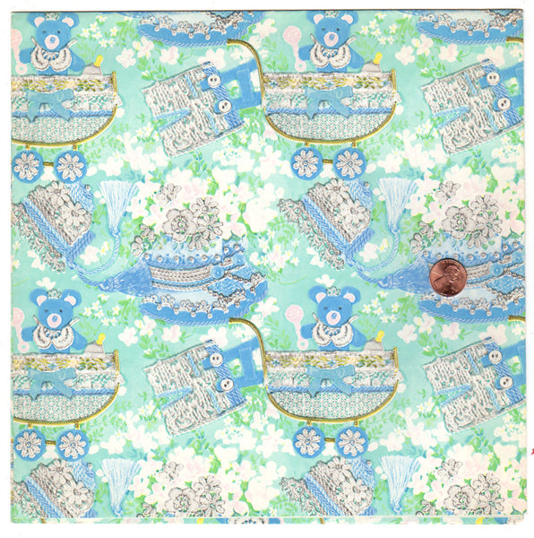 Vintage Baby Shower Wrapping Paper Uncut Sheet Blue Green Pink Bear Rattle Floral - Avid Vintage