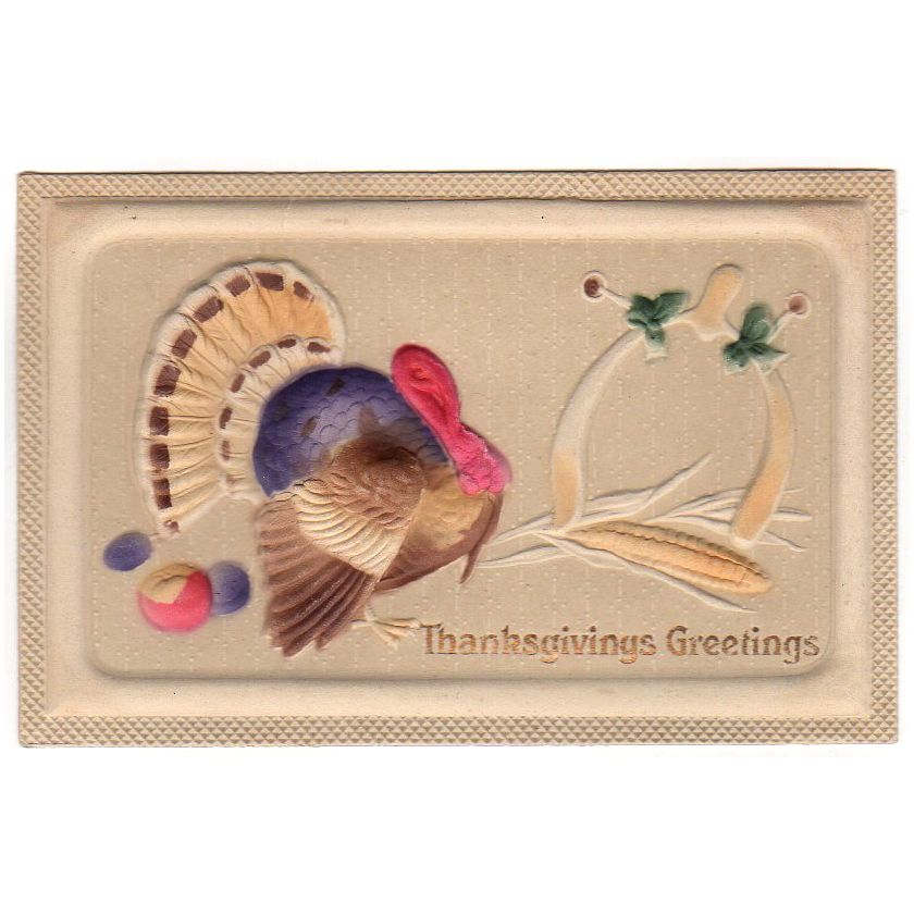 Bas Relief Turkey Wishbone Ear of Corn Antique Thanksgiving Postcard - Avid Vintage