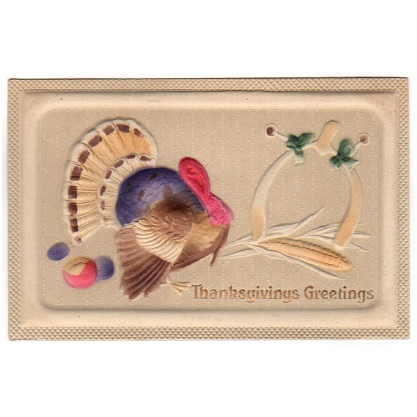 Bas Relief Turkey Wishbone Ear of Corn Antique Thanksgiving Postcard - Avid Vintage