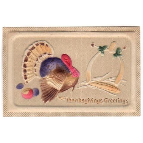 Bas Relief Turkey Wishbone Ear of Corn Antique Thanksgiving Postcard - Avid Vintage