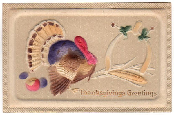Bas Relief Turkey Wishbone Ear of Corn Antique Thanksgiving Postcard - Avid Vintage