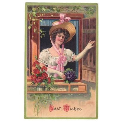 Vintage 1910s Greeting Postcard Beautiful Lady in Hat Best Wishes Violets Carnations - Avid Vintage