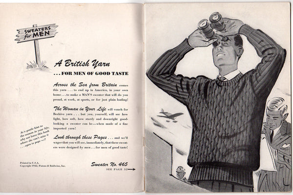 Vintage 1942 Knitting Patterns Book Hand Knits by Beehive Sweaters for Men No. 123 - Avid Vintage