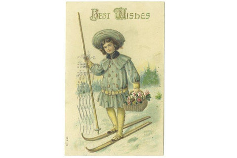 Antique Best Wishes Greetings Postcard 1910s Boy on Snow Skies Basket of Flowers - Avid Vintage