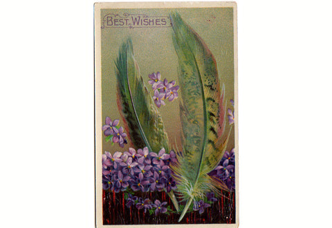 Vintage Victorian Postcard Best Wishes Green Feathers Purple Violets - Avid Vintage
