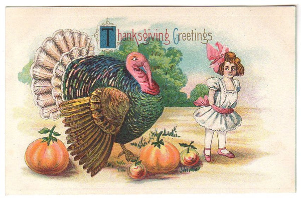 Big Turkey Little Girl and Pumpkins Antique 1910s Thanksgiving Day Postcard - Avid Vintage