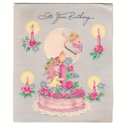 Vintage 1940s Childrens Happy Birthday Card Little Girls Greeting Fairy Decorated Cake - Avid Vintage
