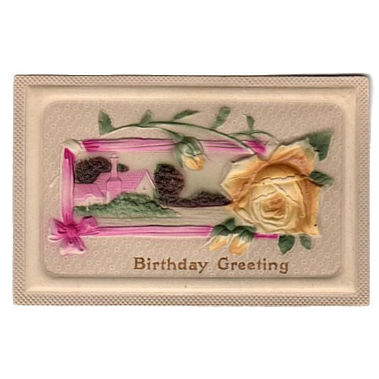 Vintage 1910s Birthday Greetings Postcard in Bas Relief with Yellow Rose and Pink Ribbon - Avid Vintage